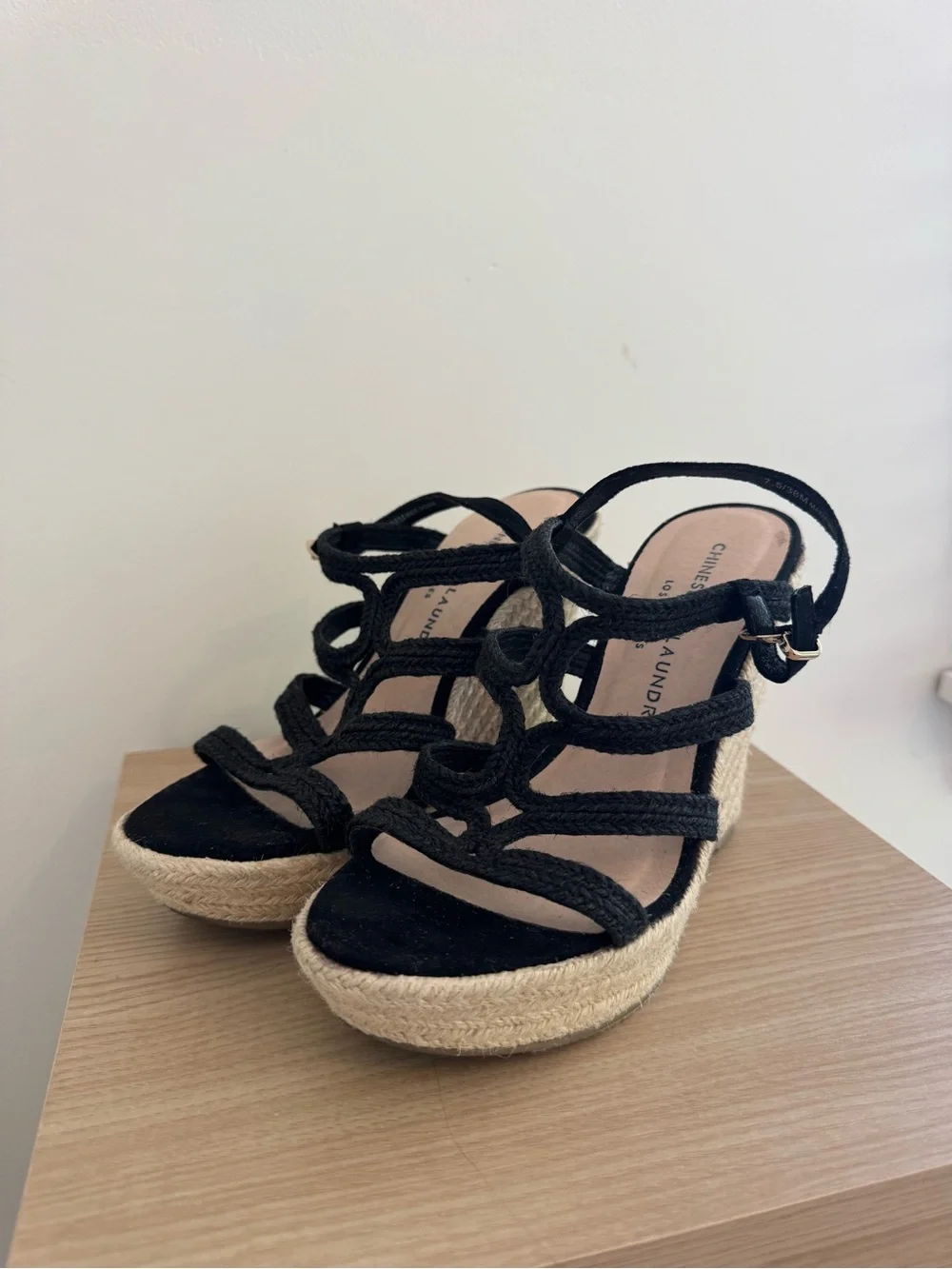 Chinese Laundry Black Braided Espadrille Wedge Sandals with Ankle Strap